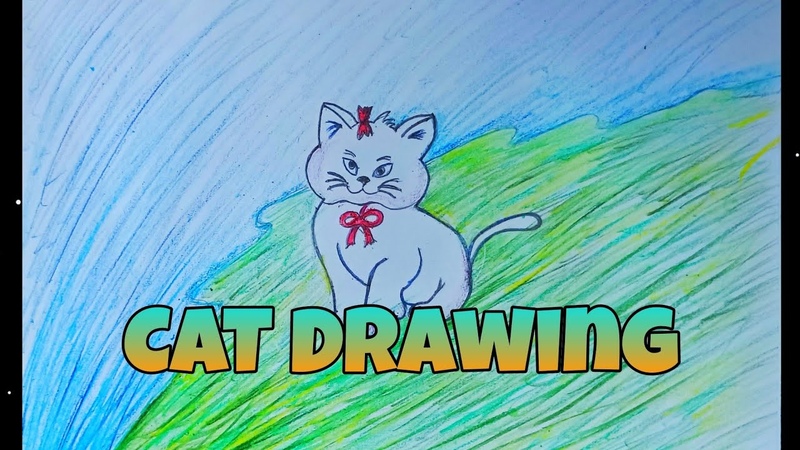 How to draw a cat with grass field colour pencil sketch for beginners, , step by step