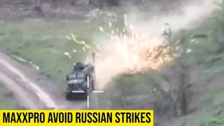 Ukrainian MaxxPro armored vehicle successfully evacuates the infantrymen under Russian fire.