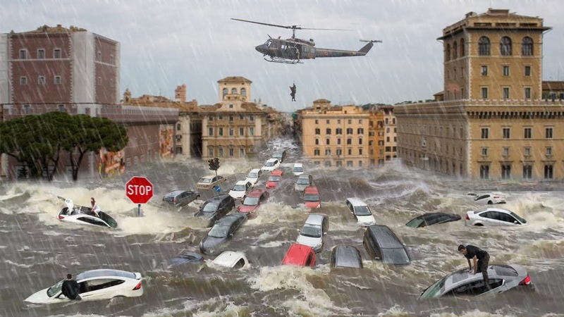 Buildings and cars sink in Rome, Italy Major flash flooding in Ostia