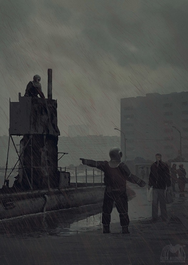 SCP-1861, «Команда подлодки «Винтерсхаймер». Аномальная субмарина, вызывающая вокруг себя дождь из крови и спинномозговой жидкости, а её «экипаж» вербует случайных людей. Художник — Алексей Андреев; иллюстрация создана в рамках арт-проекта ARTSCP