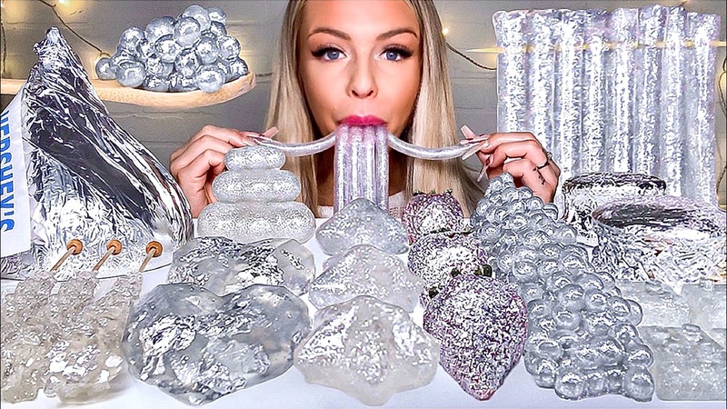 ASMR SILVER FOOD, GIANT HERSHEY KISS, EDIBLE SILVER LEAF, STAR JELLY, BOBA, SILVER HEART MUKBANG